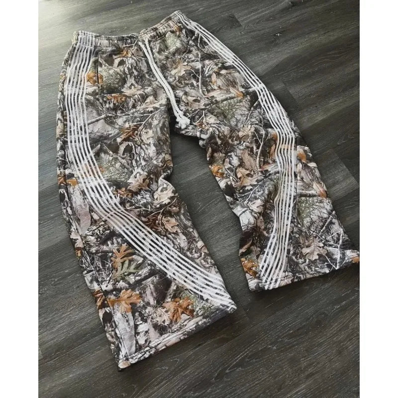 Hearujoy American washed leaf print camouflage trousers three-dimensional cut straight casual heavy industry workwear ins casual trousers