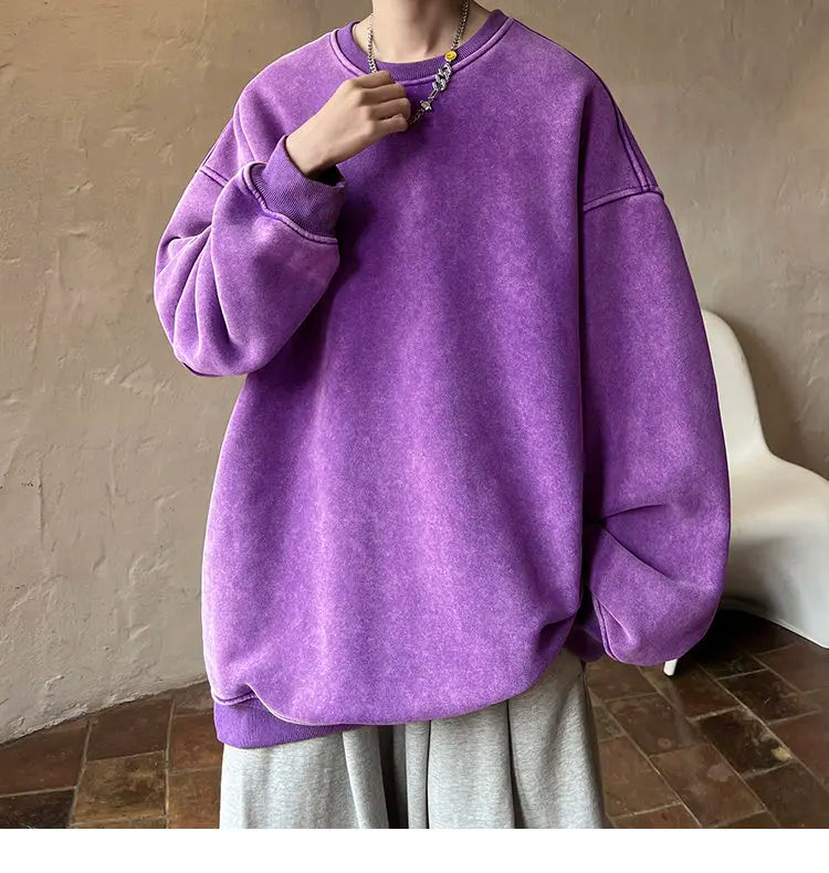 HEARUJOY  -  American Washed Old Pullovers Sweatshirts Men Loose Solid Color 2025 Autumn Large Size Warm O Neck Tops Hip Hop Y2k Sweatshirt