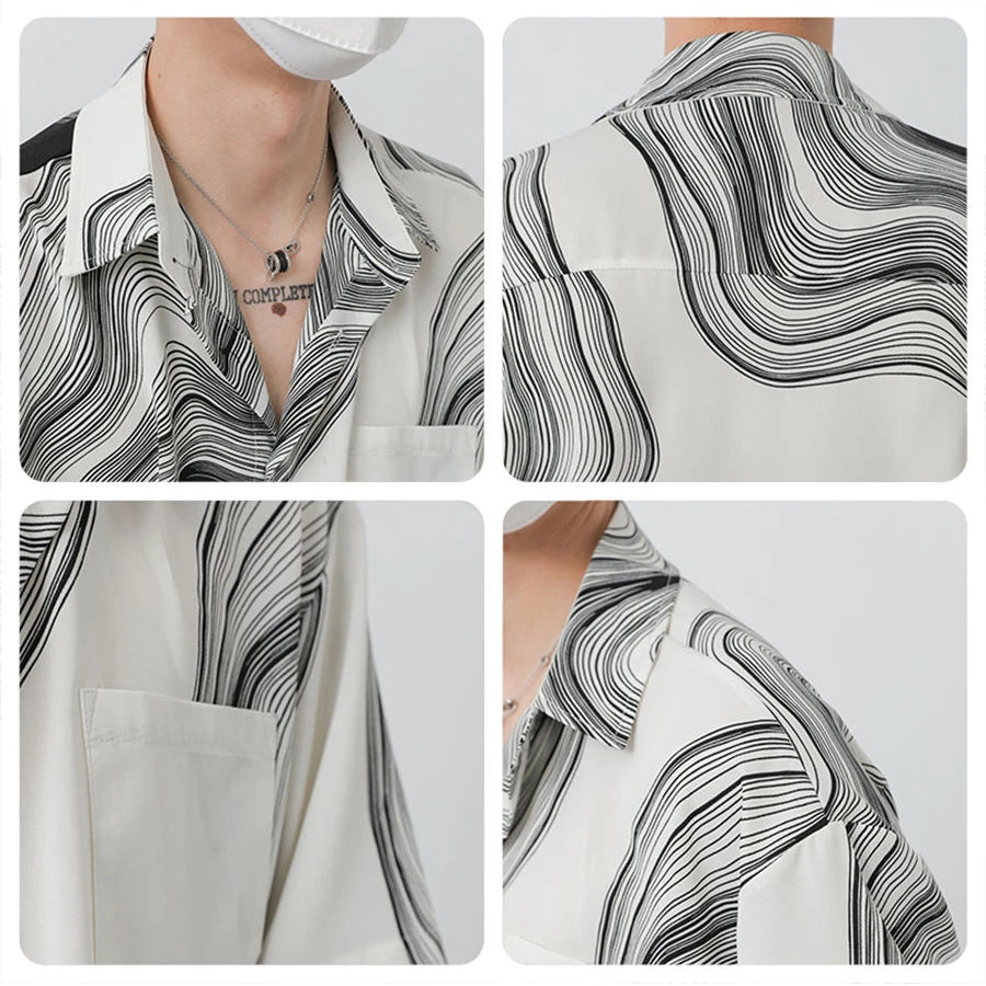 Hearujoy New Korean Fashion Design Irregular Shirt Men Texture Pattern Loose Short Sleeve Summer Silky Drape Non-ironing Lapel Shirt