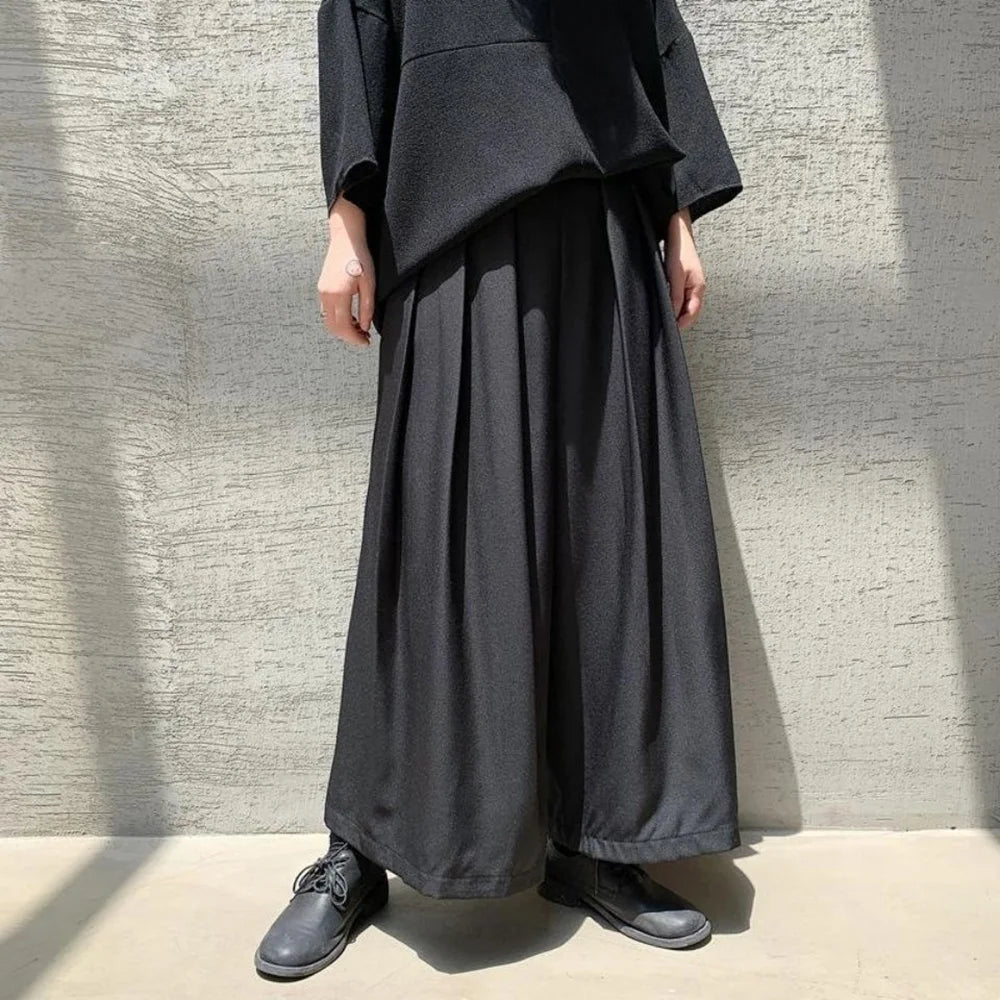 HEARUJOY  -  XS-5XL Mens Culottes Pleated Casual Samurai Pants Hakama Spring Streetwear Fashion Personality Wide Leg Pants Men'S Clothing New