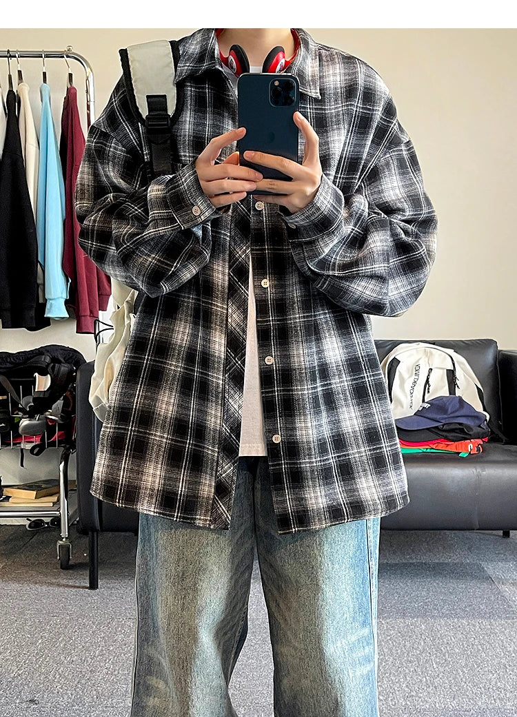 HEARUJOY  -  5XL Long Sleeved Shirt Men Oversized Retro Plaid Shirt Men Japanese Streetwear Loose Casual Shirt Mens Vintage Shirts Plus Size