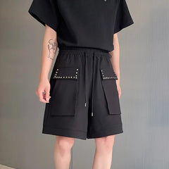 Hearujoy Elastic Waist Wide Leg Shorts Summer New Loose Male Straight Leg Pants Solid Color Pocket Lace-up Casual Trend 9C5354