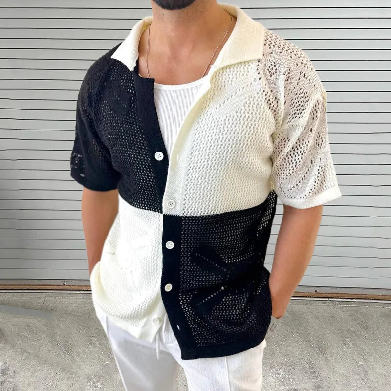 HEARUJOY  -  Color Blocked Hollow Out Knitting Shirts For Men Summer Thin Short Sleeve Button Cardigan Sweater Fashion Casual  Loose Knitwear