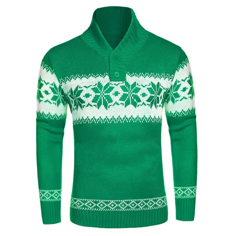 HEARUJOY  -  Autumn Winter New Men Jacquard Sweater Polo Shirts Coat Christmas Snowflake Printed Tees Tops Knitted Stand Collar Clothing