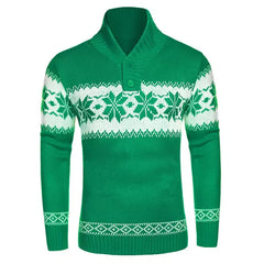 HEARUJOY  -  Autumn Winter New Men Jacquard Sweater Polo Shirts Coat Christmas Snowflake Printed Tees Tops Knitted Stand Collar Clothing