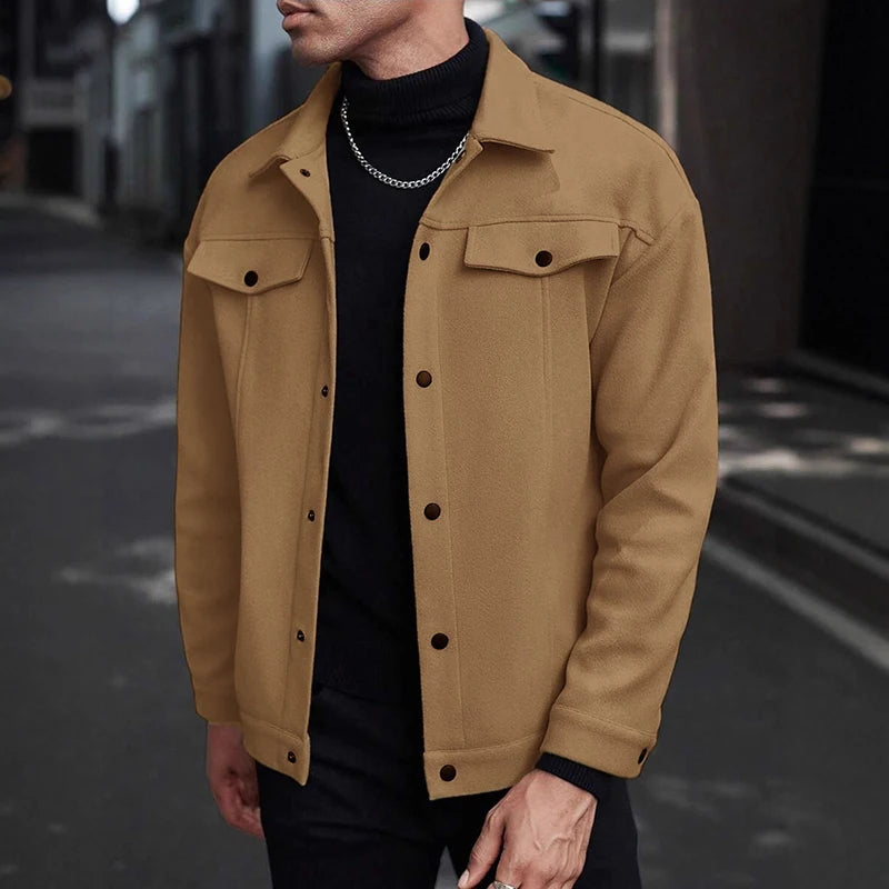 HEARUJOY  -  Daily Casual Mens Woolen Jacket Coat Vintage Turn-down Collar Button Pockets Cargo Jackets Men Autumn Fashionable Cardigan Tops