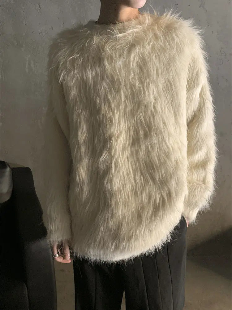 Hearujoy Korean Long Plush Knit Sweater Tops Autumn and Winter Streetwear Imitation Mink Hair Loose Pullover Women Round Neck Jumper Men