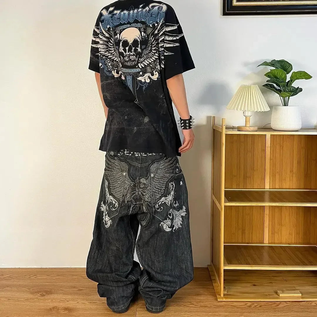 Hearujoy Black devil wings hip hop straight jeans y2k new high waist street skateboard Harajuku style sports fashion retro loose trousers