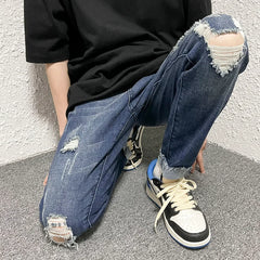 Hearujoy Spring/Summer Loose Jeans Men's Straight Vintage Broken Jeans Street Boys Hip-hop Slim Fit Cropped Pants  Light Blue