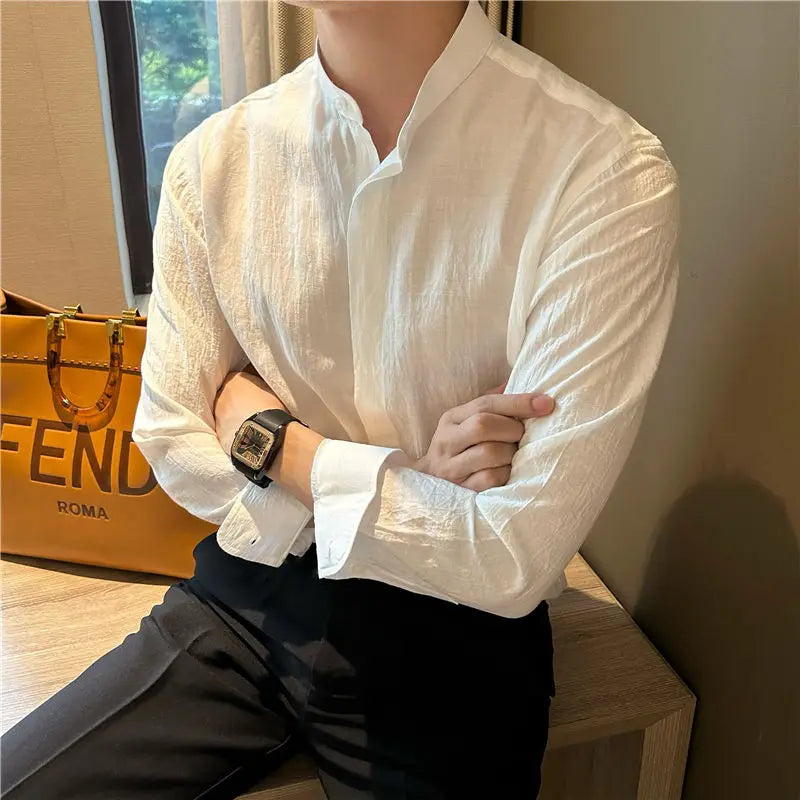 HEARUJOY  -  Long-sleeved Stand-collar Pleated Shirt Men's Summer Seaside Vacation Style Casual and Versatile Solid Color Spring Autumn Shirt