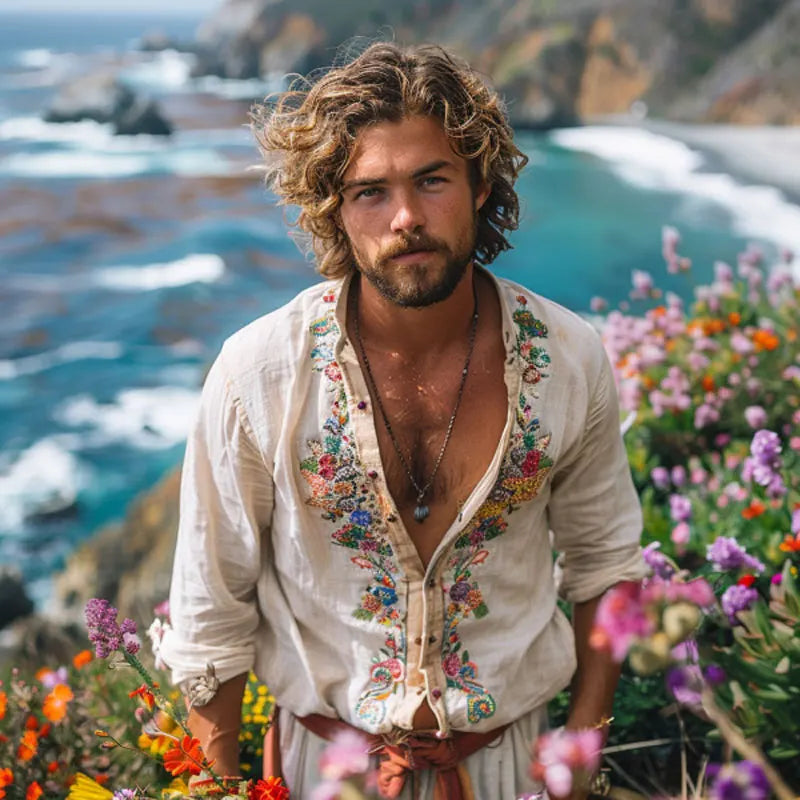 HEARUJOY  -  Men Open Collar Embroidery Long Sleeved Shirt Top Ethnic Style Retro Cotton Shirt High Quality Fashion Vintage Shirt Streetwear