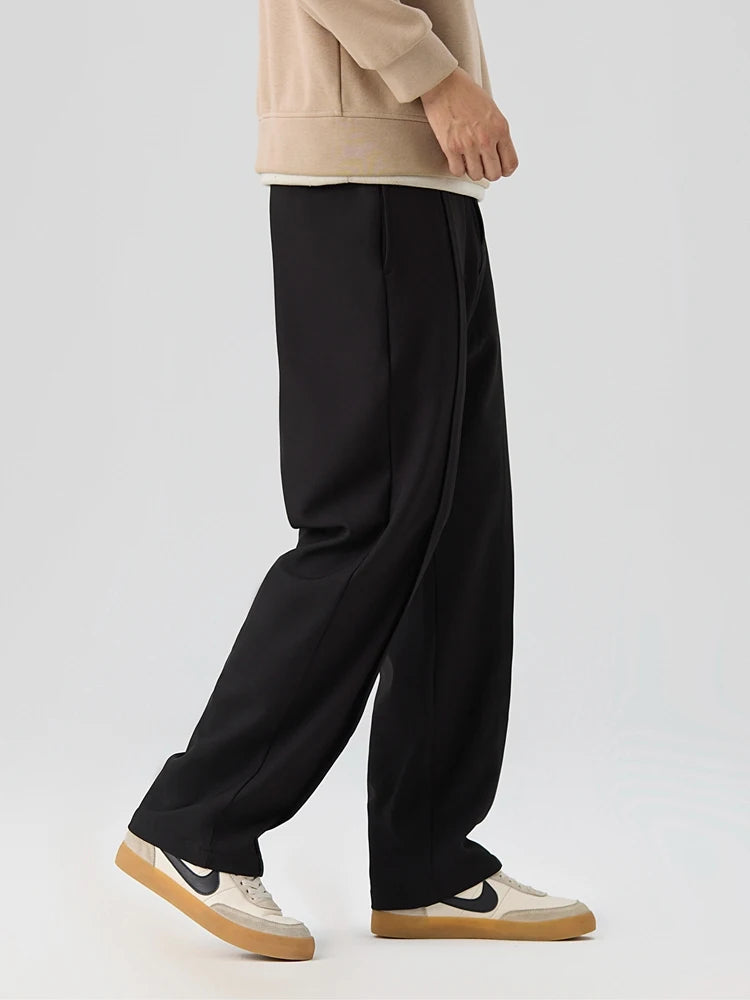 HEARUJOY  -  New Korean Men's Casual Pants Banded Waist Stretch Semi-Wide Pleated Suit Slacks Straight Loose Draped Trousers