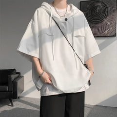 Hearujoy Summer Hooded T shirt Men 2024 fashion Korean Half Sleeve Pullover Streetwear Loose T-shirt Tops Drawstring Men Clothing 5XL-M