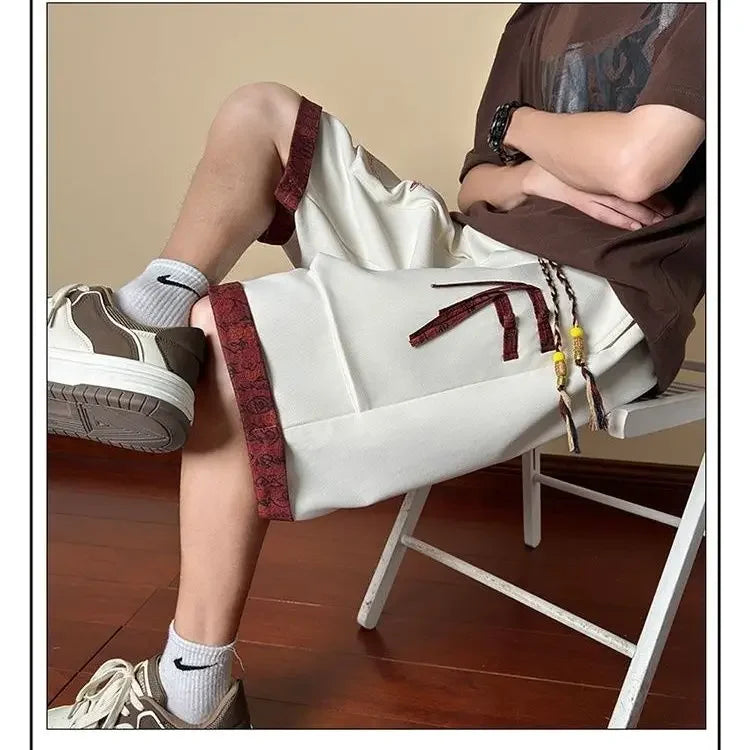 HEARUJOY  -  Long Button Bermuda with Pockets Short Pants for Men Elastic Waist Wide Half Khaki Loose Mens Cargo Shorts Draw String Baggy Y2k