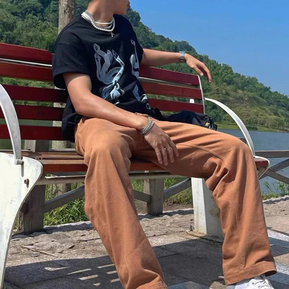 Hearujoy Men's Casual T-Shirt Fashionable Trendy Hip-Hop High Street Y2k Retro Snake Pattern Loose Cotton Top Spring And Summer