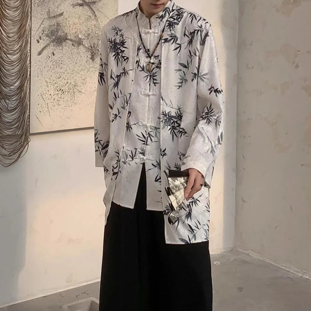 HEARUJOY  -  New Autumn And Winter Chinese Style Stand-Up Collar Button Bamboo Shirt Unisex Fashion Casual Loose Printed Long-Sleeved Shirt