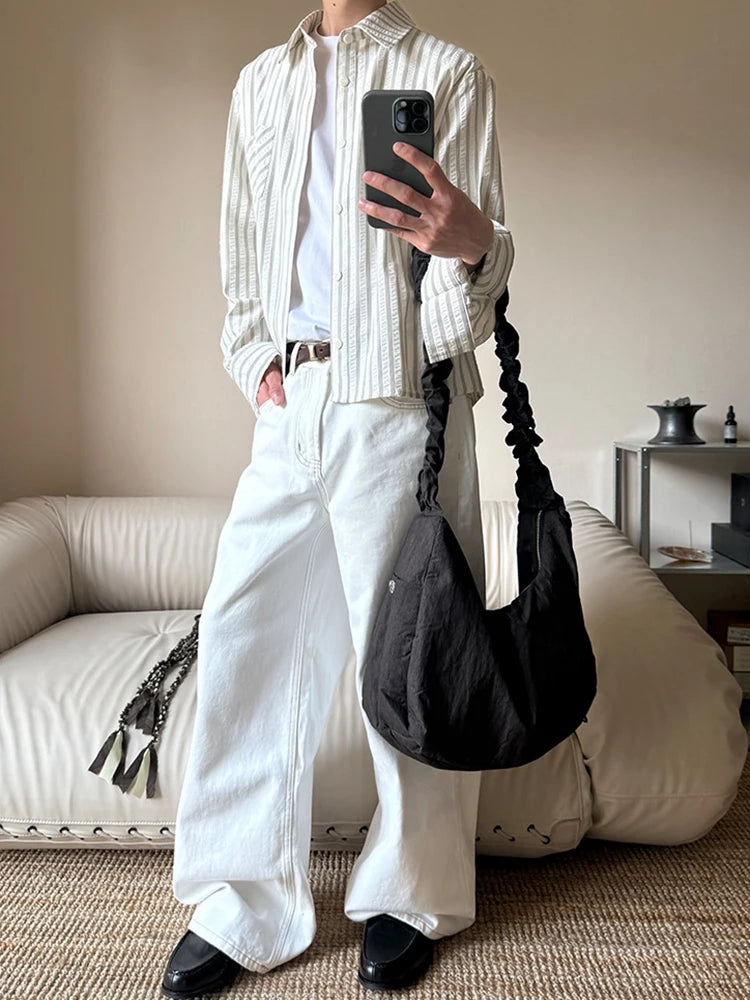 HEARUJOY  -  Spring Fall Casual Mens Striped Printed Shirt Long Sleeve Button-up Turn-down Collar Vintage Shirts Men Daily Leisure Cardigans