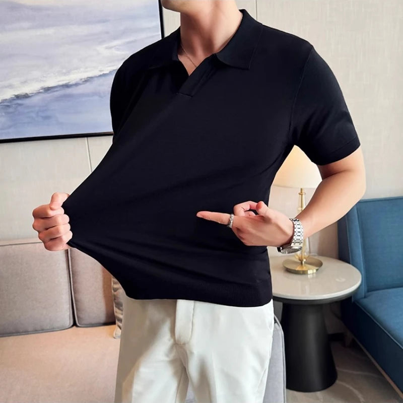 HEARUJOY  -  Men's Cooling Tencel Polo Shirt - Summer Ice Silk Knit Top with Fold Collar, Breathable Short Sleeve & Stylish Contoured Design