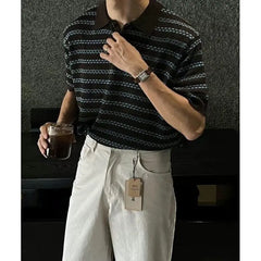 HEARUJOY  -  Summer Short Sleeved T-shirt Men Slim Fit Casual Striped T Shirt Men Streetwear Korean Knitted Lapel T Shirt Mens Polo Shirt