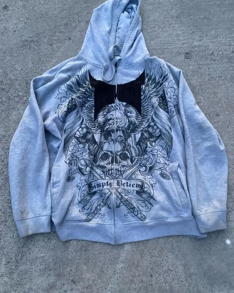 Hearujoy Y2k Hoodie Womens Mens New Gothic Skull Pattern Printing Hip Hop Casual Sweatshirt Selling Personality Retro Hoodies Streetwear