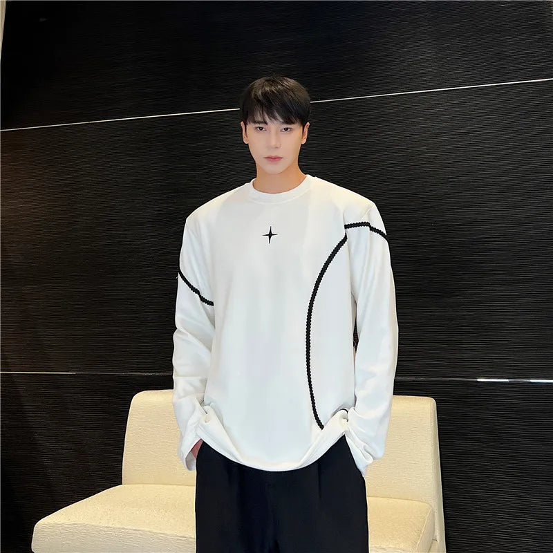 Hearujoy harajuku Spring Autumn Men Clothing Long Sleeve Embroidery Shoulder Pad T-shirt Round Collar Casual T Shirts Tops For Male