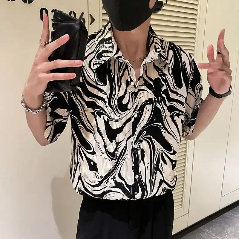 Hearujoy Japanese Summer Ice Silk Flower Shirt for Men Short Sleeve Loose Casual Harajuku Oversized New Thin Hawaiian Shirt Men