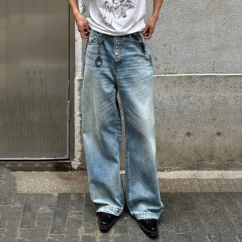 Hearujoy High Street Men's Denim Pants Loose Washing Bottun Design Straight Wide Leg Malwe Casual Jeans Autumn Simple 9C6709