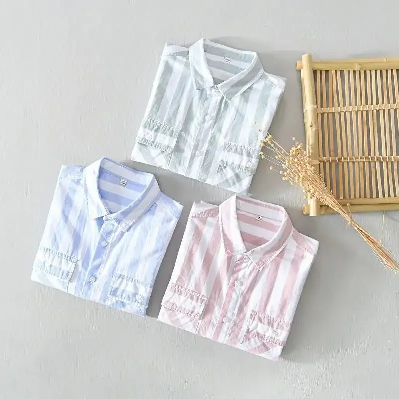 HEARUJOY  -  Man Shirt Short Sleeve Green Striped with Pocket Fashion 2025 Korean Style Slim Fit Sleeves Original Silk Collar Shirts for Men