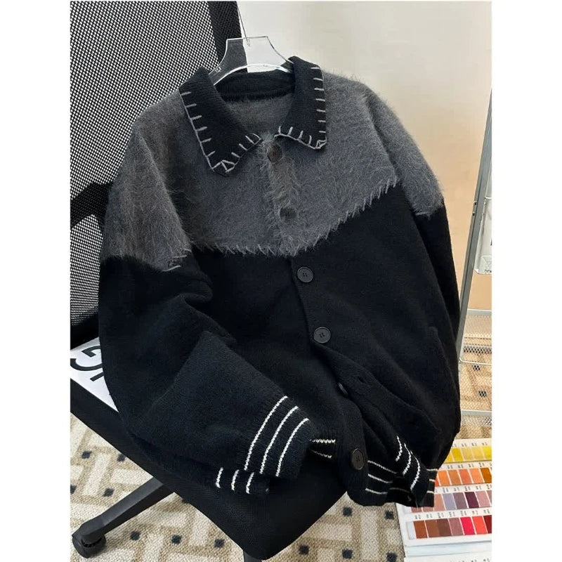 HEARUJOY  -  Korean Contrasting Color Splicing Cardigan Lapel Sweater Men and Women Trendy Niche Loose Warm Sweater
