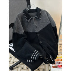 HEARUJOY  -  Korean Contrasting Color Splicing Cardigan Lapel Sweater Men and Women Trendy Niche Loose Warm Sweater