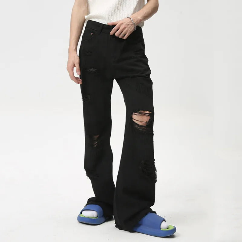 Hearujoy Fashion Slim Men's Denim Pants High Street Casual Hole Pockets Boot Cut Jeans New Stylish Summer Black Trousers 9C6101