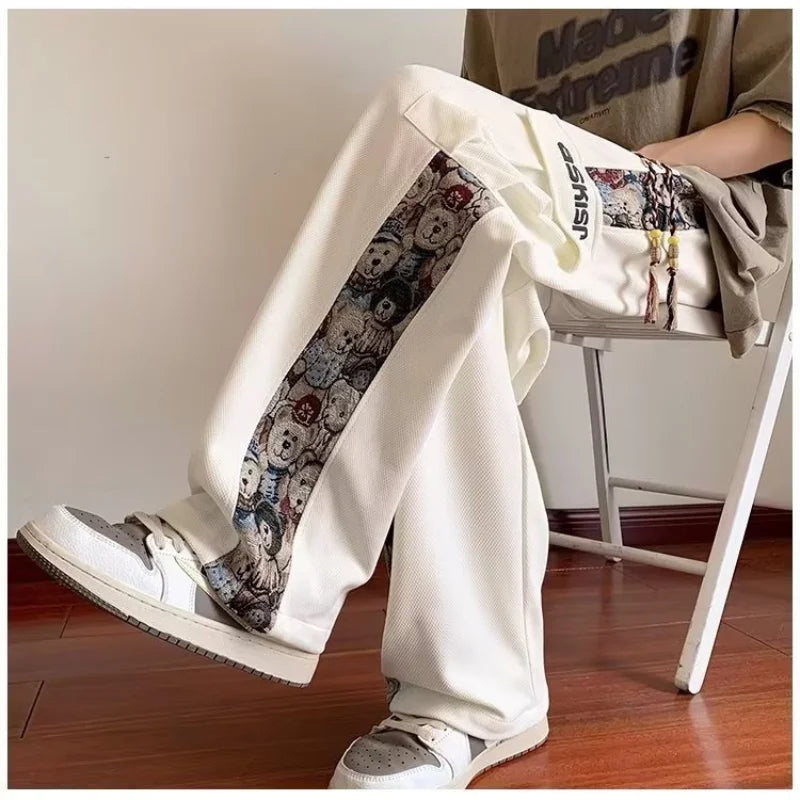 Hearujoy Autumn New Bear Patchwork Work Pants Men's Spring And Autumn Loose Large Size Sports Pants Trend Straight Casual Pants Men M-4XL