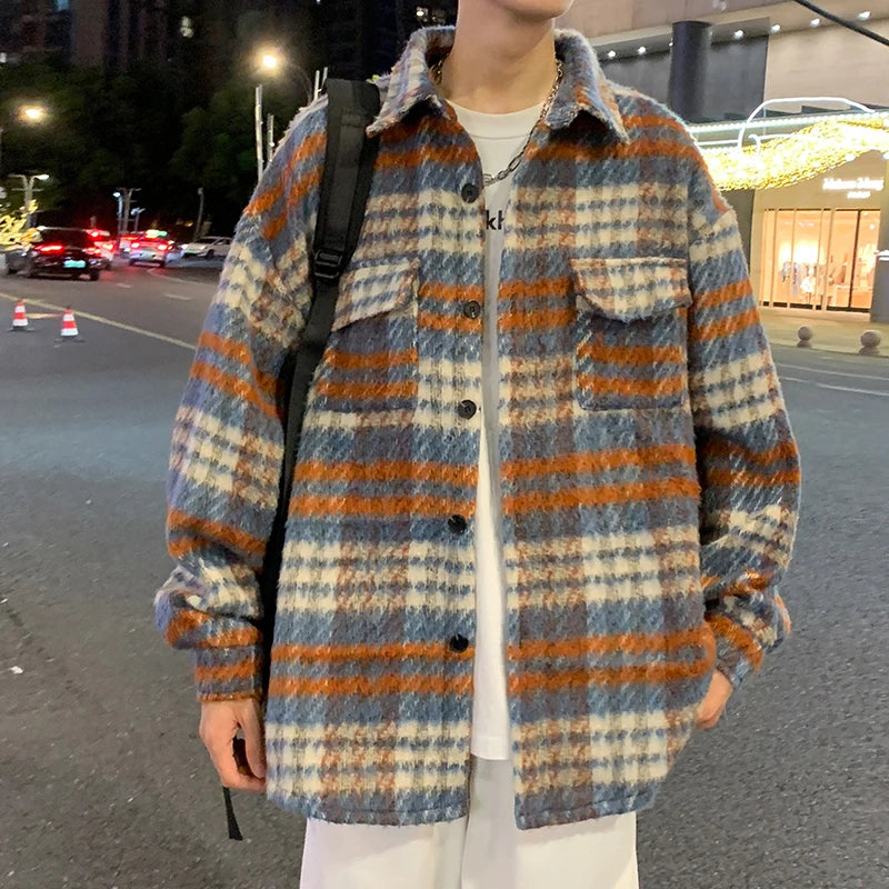 Hearujoy Winter Woolen Coat Men Warm Retro Thick Plaid Woolen Jacket Men Streetwear Korean Loose Short Woolen Coat Mens Thicken Jackets