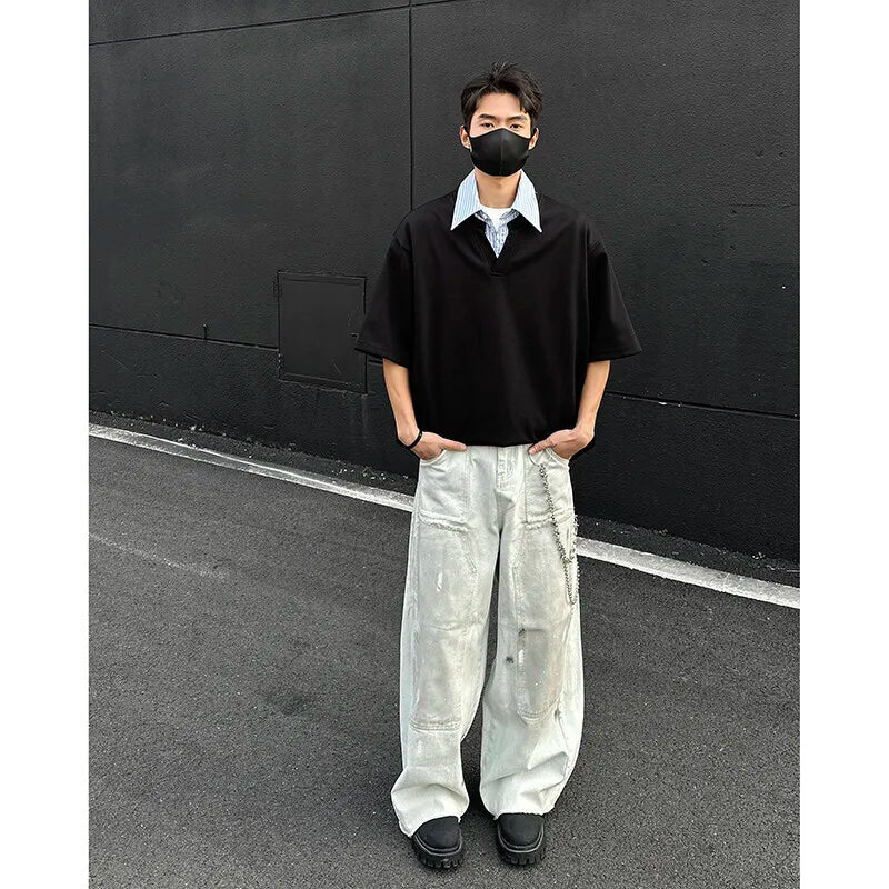 HEARUJOY  -  Summer Short Sleeved T-shirt Men Oversized Casual Lapel T Shirt Men Streetwear Korean Loose Pullover T Shirt Mens Clothing