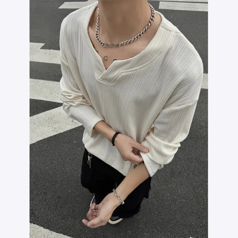 HEARUJOY  -  Spring Long Sleeved T-shirt Men Oversized Casual V-neck T Shirt Men Streetwear Korean Loose Pleated T Shirt Mens Top M-3XL
