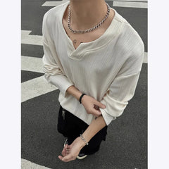 HEARUJOY  -  Spring Long Sleeved T-shirt Men Oversized Casual V-neck T Shirt Men Streetwear Korean Loose Pleated T Shirt Mens Top M-3XL