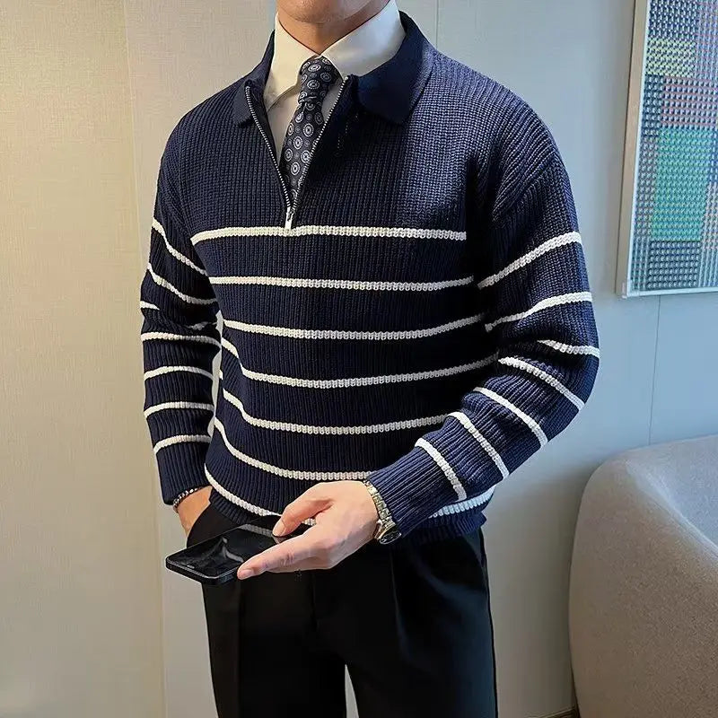 Hearujoy Autumn Winter Men's Fashion Vintage Striped Business Casual Knitted Sweater Male Polo Collar Half Zip Long Sleeve Slim Pullovers