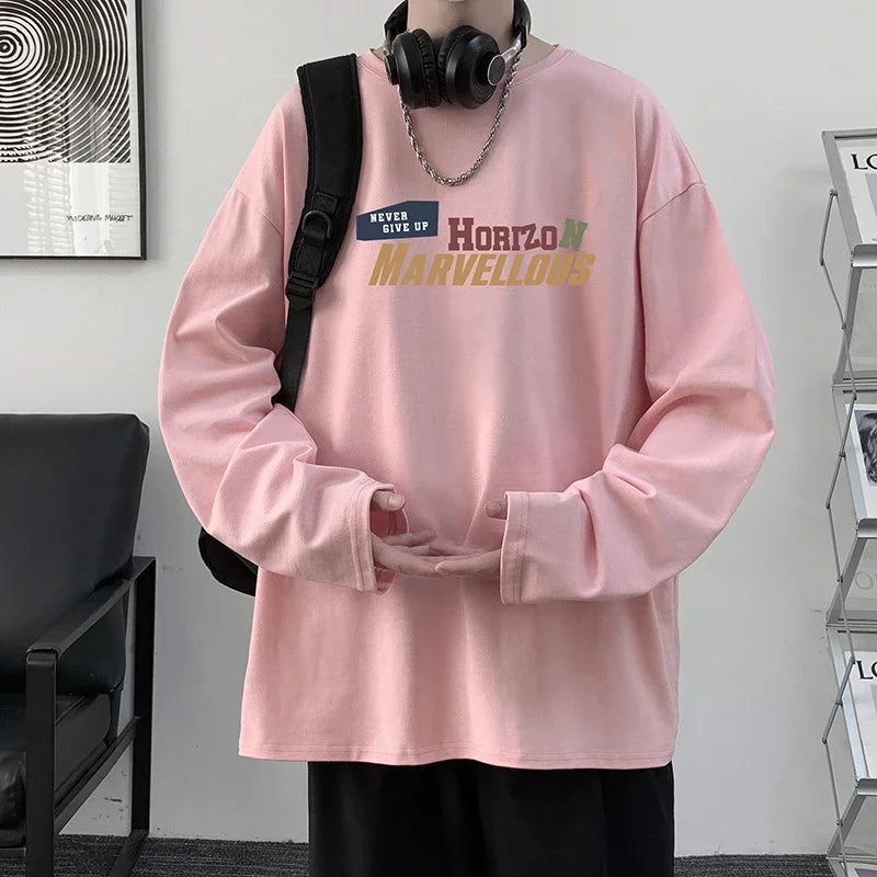 HEARUJOY  -  Men's Cotton Plain T-shirts White Full Sleeves Fashion Mens Oversized T Shirt 5XL Casual Wear Letter Print Tee Shirts for Men