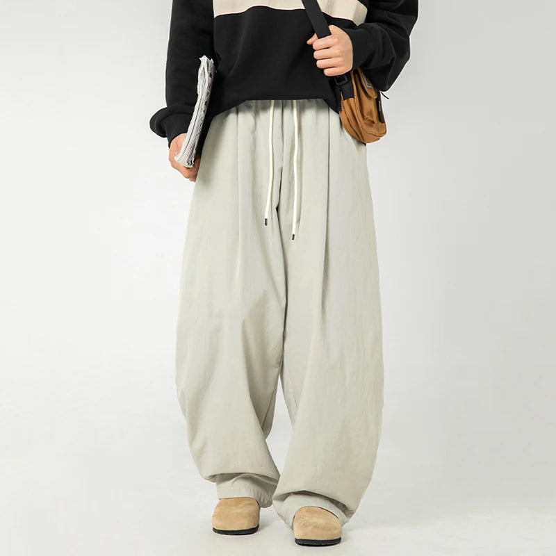 HEARUJOY  -  Pleated Design Men Casual Trousers Solid Color Drawstring Summer Korean Style Elastic Waist Straight Leg Male Pants 9W3495