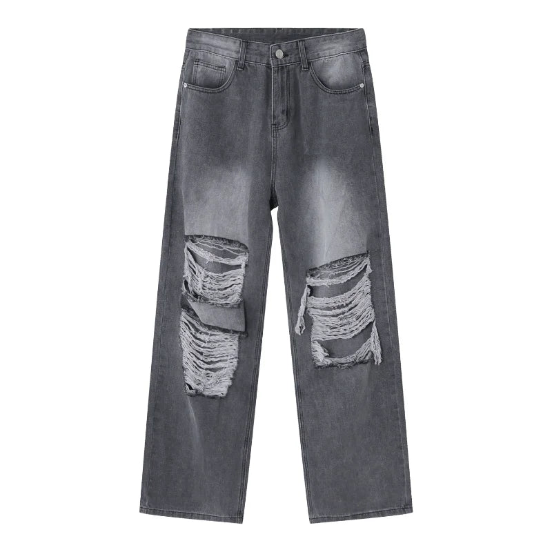 Hearujoy Harajuku Ripped Jeans Men Wide Leg Pants Oversize Hip Hop Darkwear Denim Trousers Male Casual Japanese Streetwear Hole