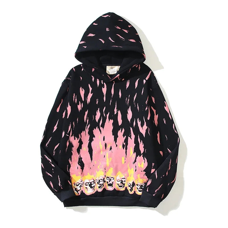 Hearujoy High Street Flame Skull Printed Pullover Hoodies for men and Women Thick Winter Fleece Hoodied Sweatshirts Oversized Baggy Hoody