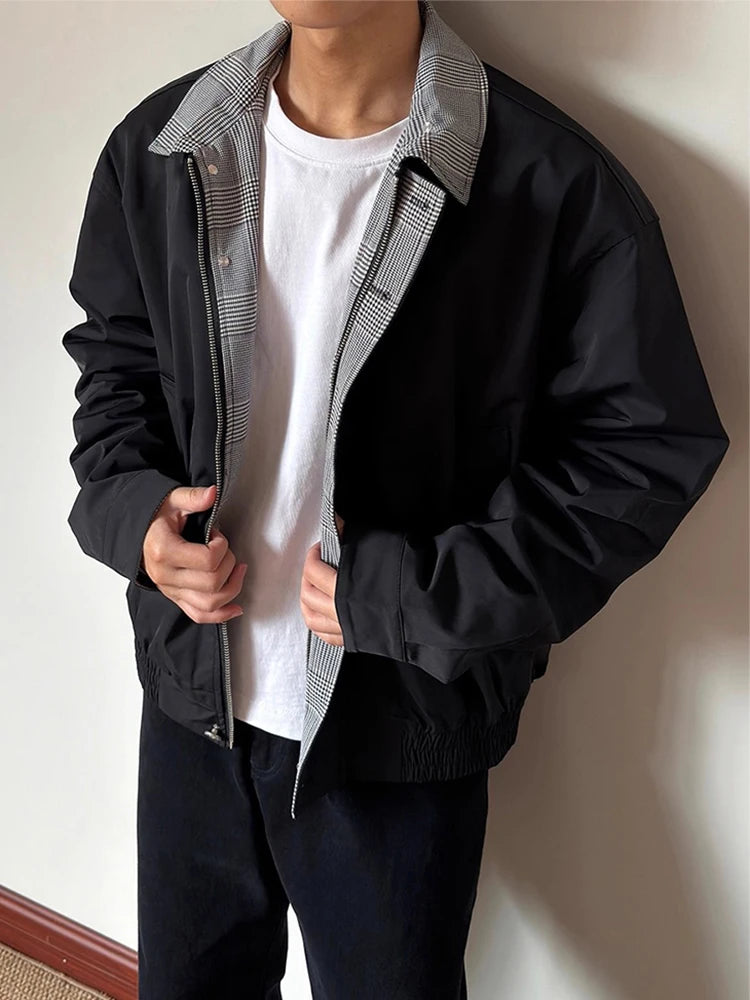HEARUJOY  -  Streetwear Vintage Plaid Patchwork Jackets Mens Fashion Long Sleeve Zip-up Jacket Coat Men 2025 Autumn Daily Casual Lapel Coats
