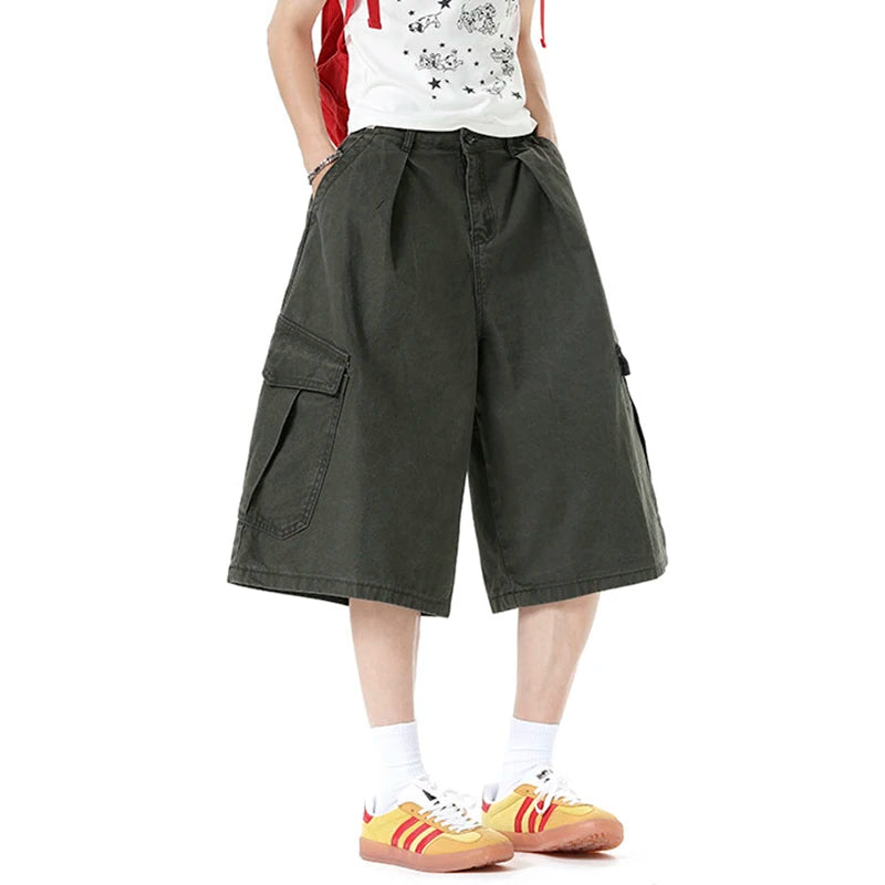 HEARUJOY  -  Vintage Men's Shorts Fashion Trend Fold Washed Distressed Adjustable Multi-pocket Male Jorts Over Knee Length 9W3516