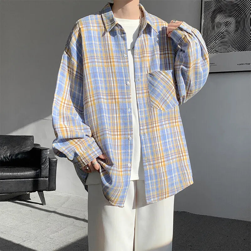 HEARUJOY  -  Black Long Sleeved Shirt Men Retro Plaid Shirt Men Japanese Streetwear Loose Casual Shirt Mens Vintage Shirts Large Size 5XL