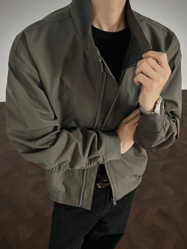 HEARUJOY  -  Trendy Slim Long Sleeve Men's Jacket Coat Streetwear Vintage Zip-up Stand Collar Jackets Spring Autumn Casual Mens Outerwear