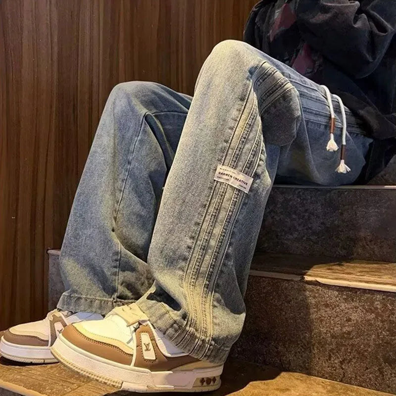 HEARUJOY  -  Spring And Summer New Straight Leg Pants Side Stripes Classic Blue Casual Jeans Men Korea Designer Clothes Baggy Jeans Man