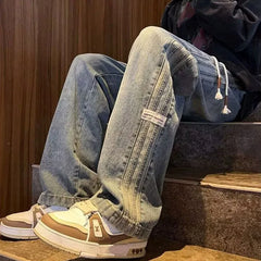 HEARUJOY  -  Spring And Summer New Straight Leg Pants Side Stripes Classic Blue Casual Jeans Men Korea Designer Clothes Baggy Jeans Man