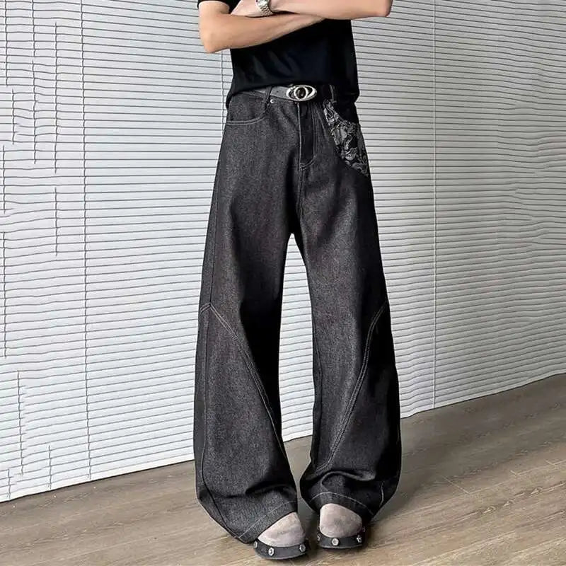 HEARUJOY  -  New Summer Men's Denim Pants Jacquard Patchwork Contrast Color 2025 Trousers Straight Leg Loose Male Boot-cut Jeans