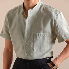 HEARUJOY  -  Natural Linen Cotton Blend Stand Up Collar Shirt Top Quality Men's Short Sleeved Casual Loose Thin Breathable Shirt 3 Colors
