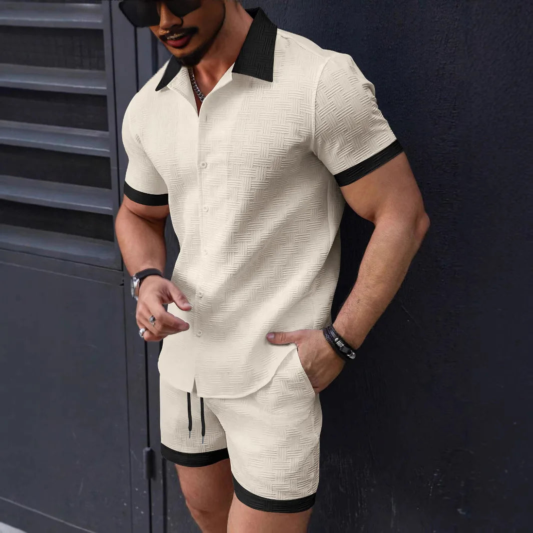 HEARUJOY  -  Fashion Patchwork Men's Suit Short Sleeved Shirt And Shorts Two-piece Set 2025 Summer Loose Casual Sports Outfits For Man
